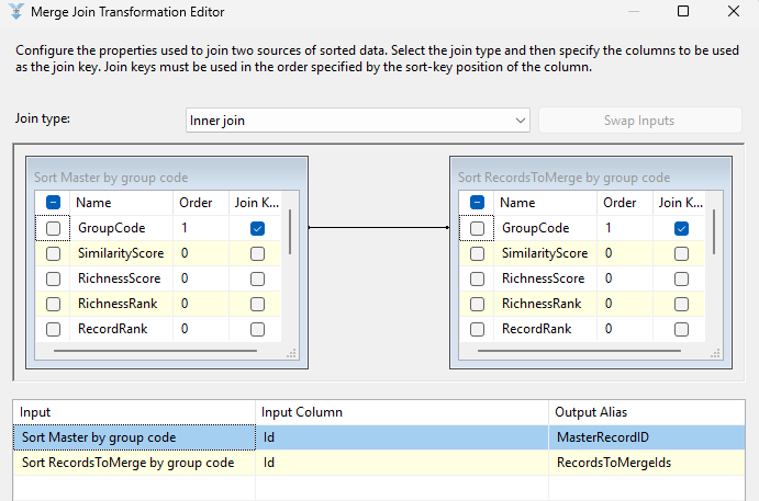 Merge join component configuration